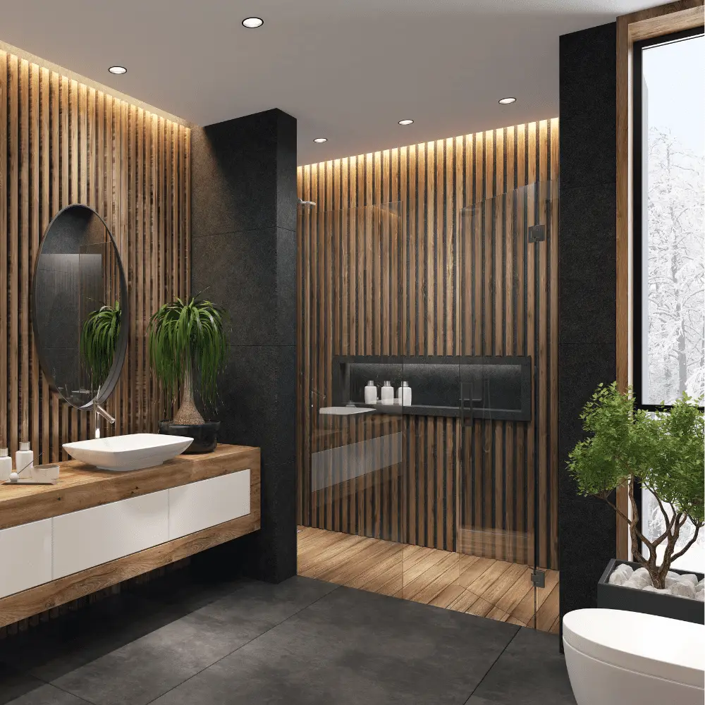 Contemporary fitted bathroom with walk-in shower and wooden vanity unit.