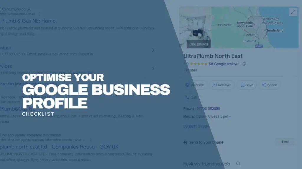 Blue feature banner of a Google search results page with a highlighted Business Profile card on the right and the headline “Optimise your Google Business Profile Checklist”.