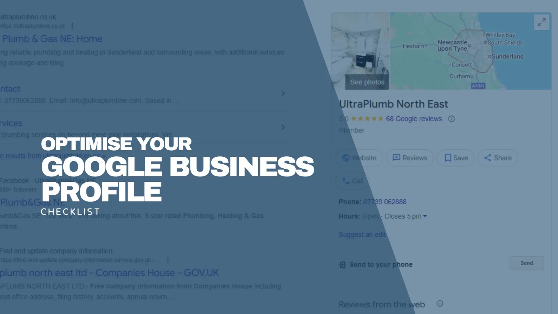 Blue feature banner of a Google search results page with a highlighted Business Profile card on the right and the headline “Optimise your Google Business Profile Checklist”.
